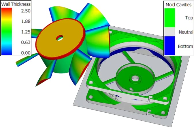 Wall thickness and tooling heatmap display in the 3D-Tool CAD viewer