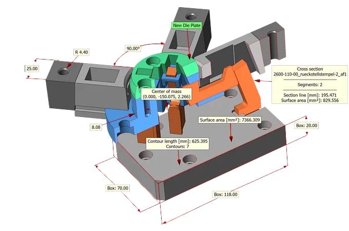 A smaller, partially sectioned assembly with dimensions added in the 3D-Tool viewer