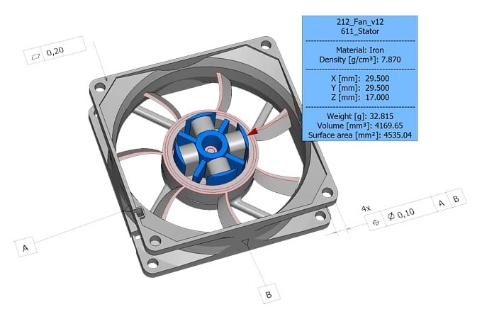 Display of a 3D assembly in the 3D-Tool CAD viewer with part information and product manufacturing information
